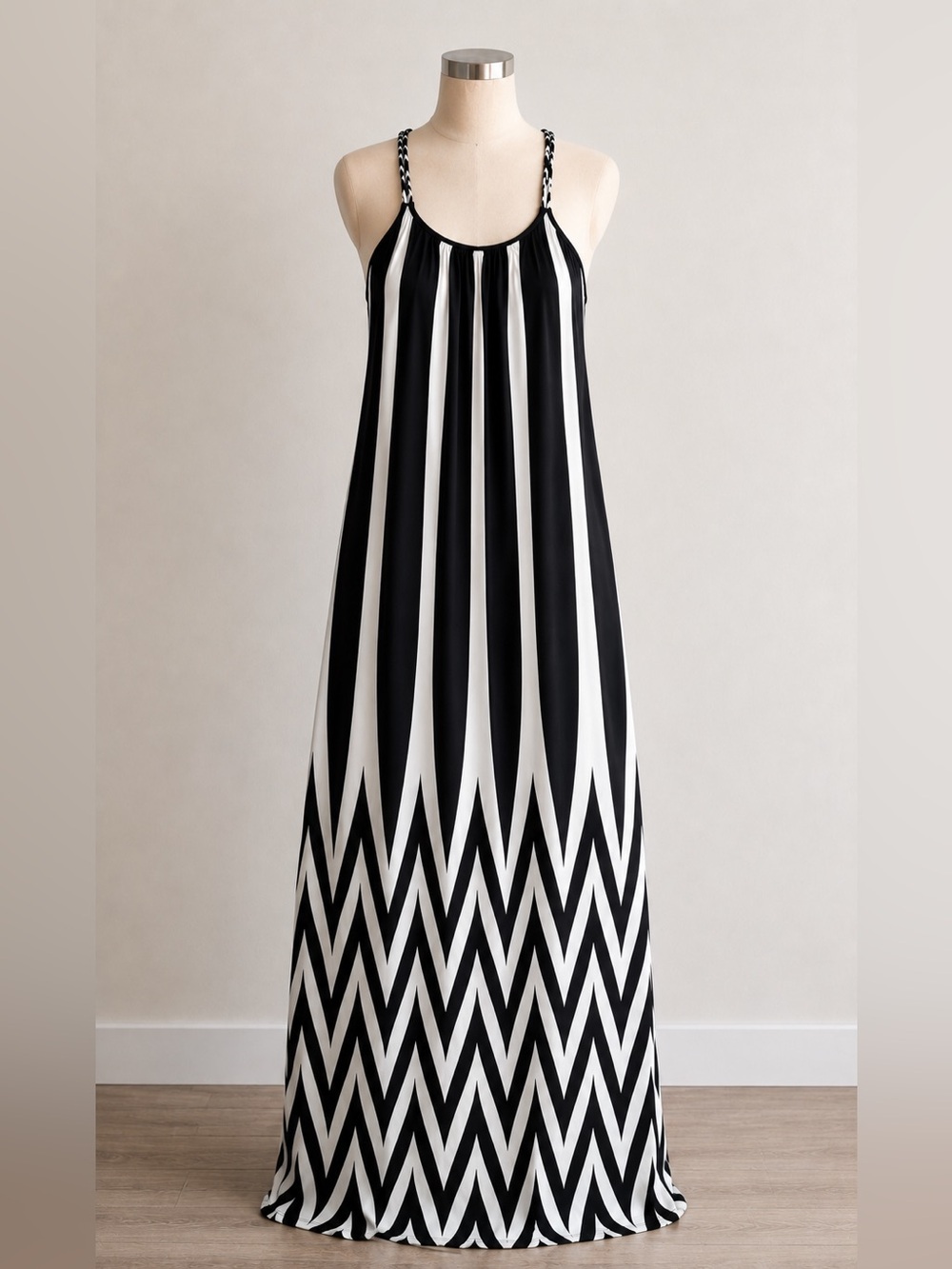 Haani Black White Chevron Maxi Dress Braided Strap Boho Medium
